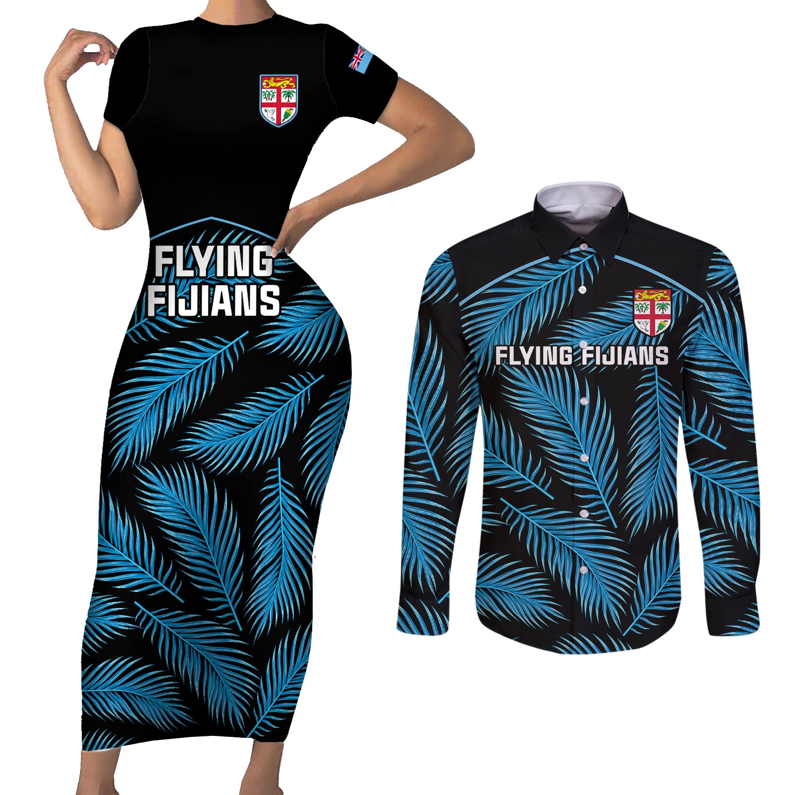 Custom Fiji Rugby Couples Matching Short Sleeve Bodycon Dress and Long Sleeve Button Shirts Flying Fijians Blue Palm Tree Version - Wonder Print Shop