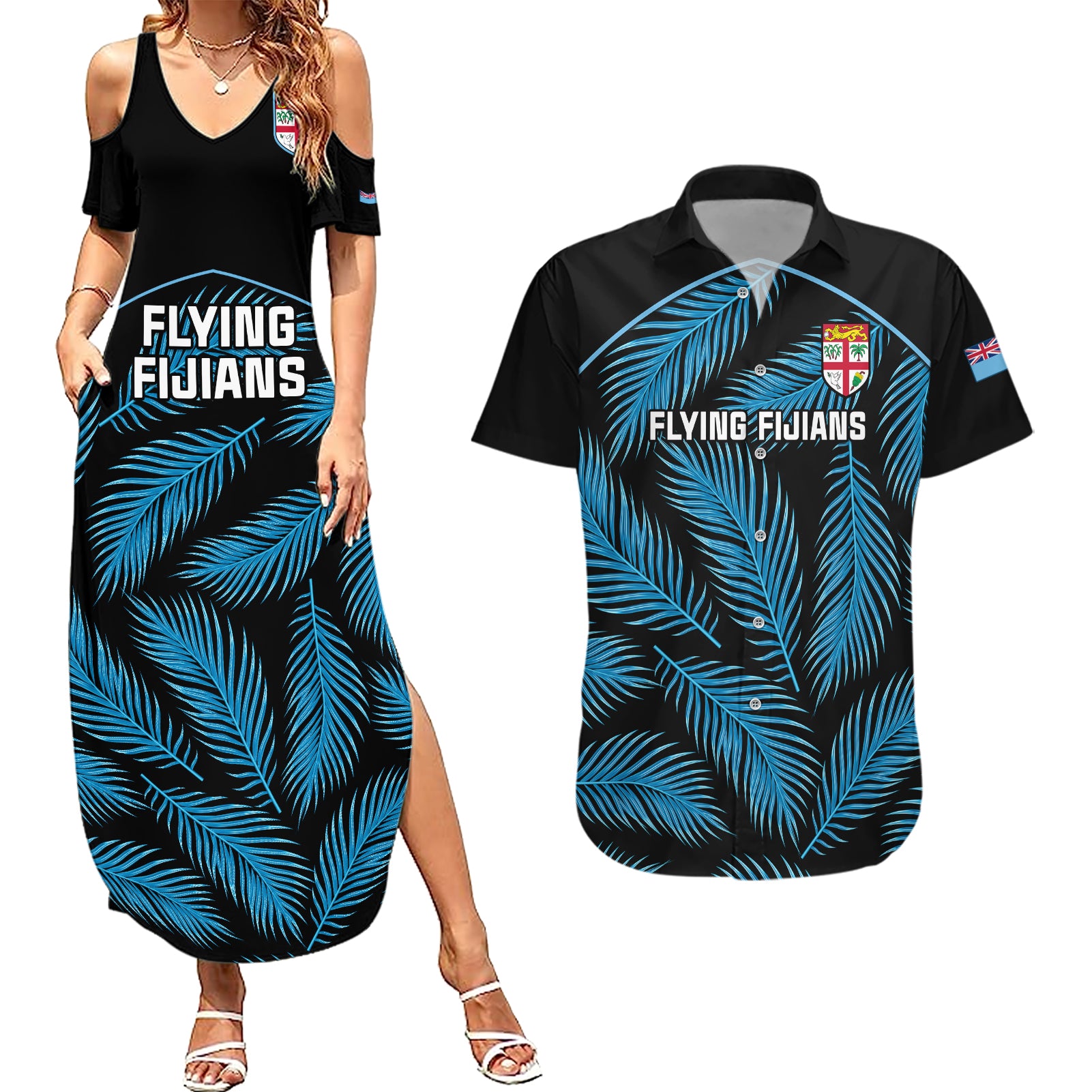 Custom Fiji Rugby Couples Matching Summer Maxi Dress and Hawaiian Shirt Flying Fijians Blue Palm Tree Version - Wonder Print Shop