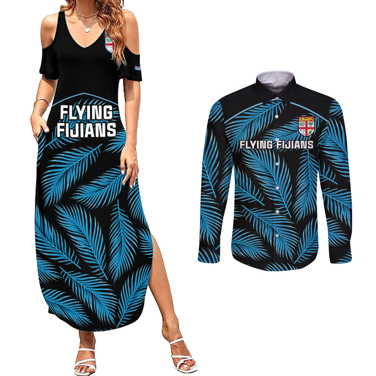 Custom Fiji Rugby Couples Matching Summer Maxi Dress and Long Sleeve Button Shirts Flying Fijians Blue Palm Tree Version - Wonder Print Shop