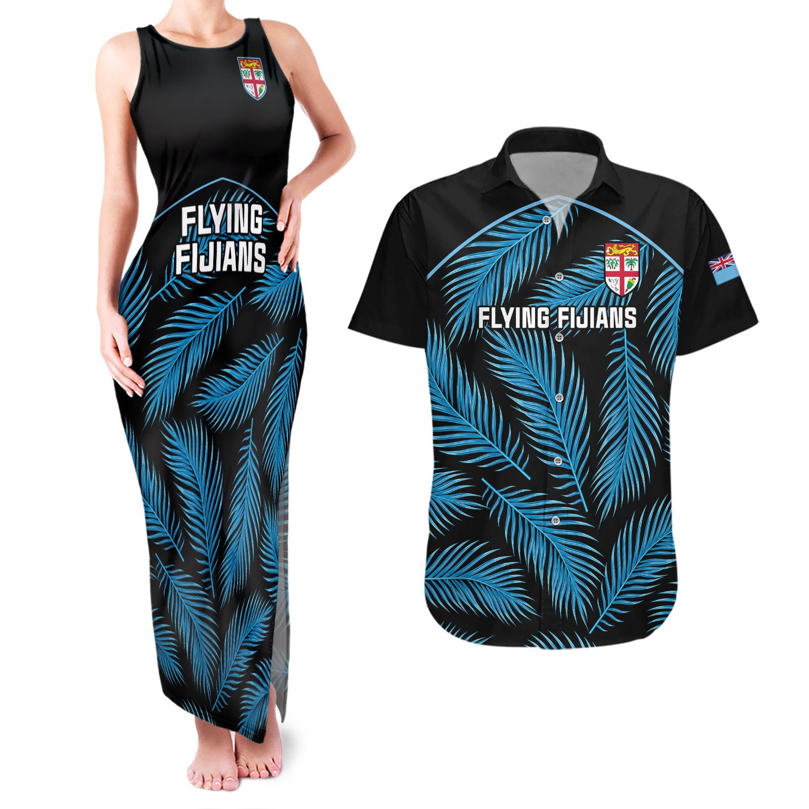 Custom Fiji Rugby Couples Matching Tank Maxi Dress and Hawaiian Shirt Flying Fijians Blue Palm Tree Version - Wonder Print Shop