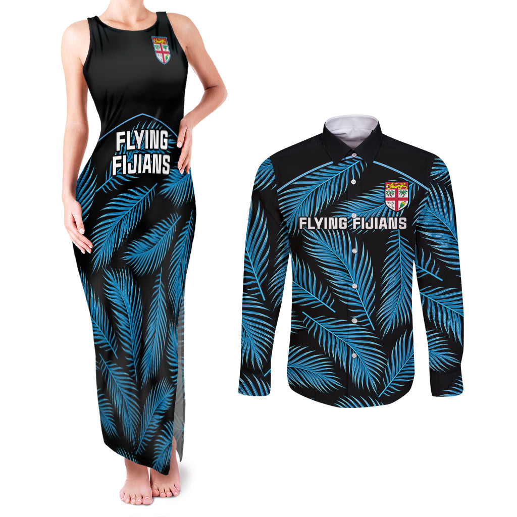 Custom Fiji Rugby Couples Matching Tank Maxi Dress and Long Sleeve Button Shirts Flying Fijians Blue Palm Tree Version - Wonder Print Shop