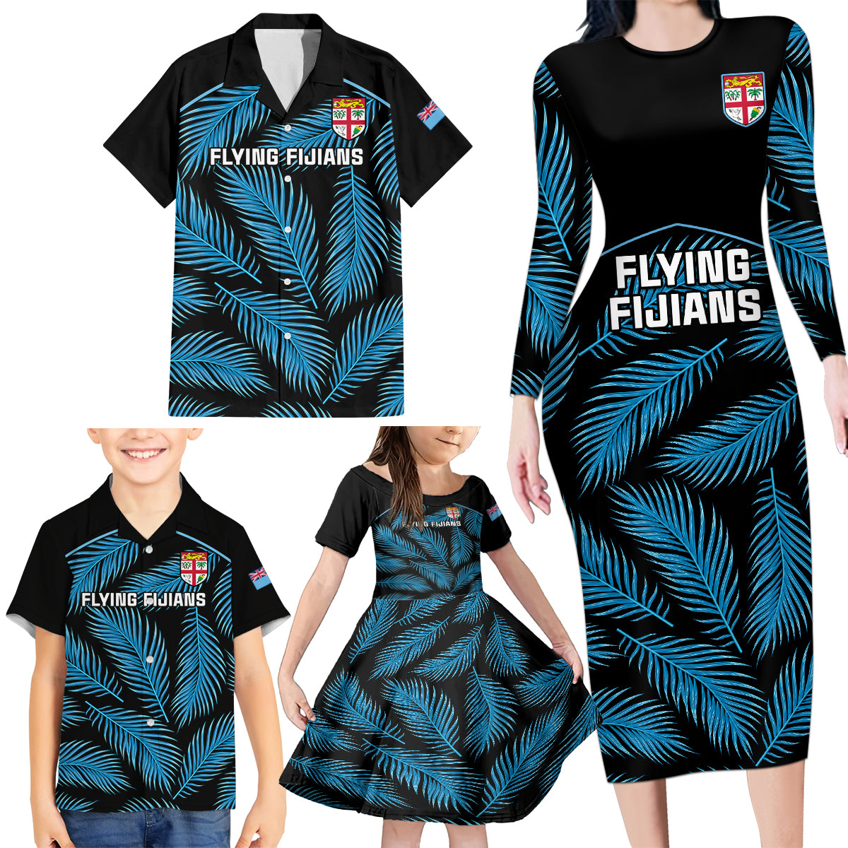 Custom Fiji Rugby Family Matching Long Sleeve Bodycon Dress and Hawaiian Shirt Flying Fijians Blue Palm Tree Version - Wonder Print Shop