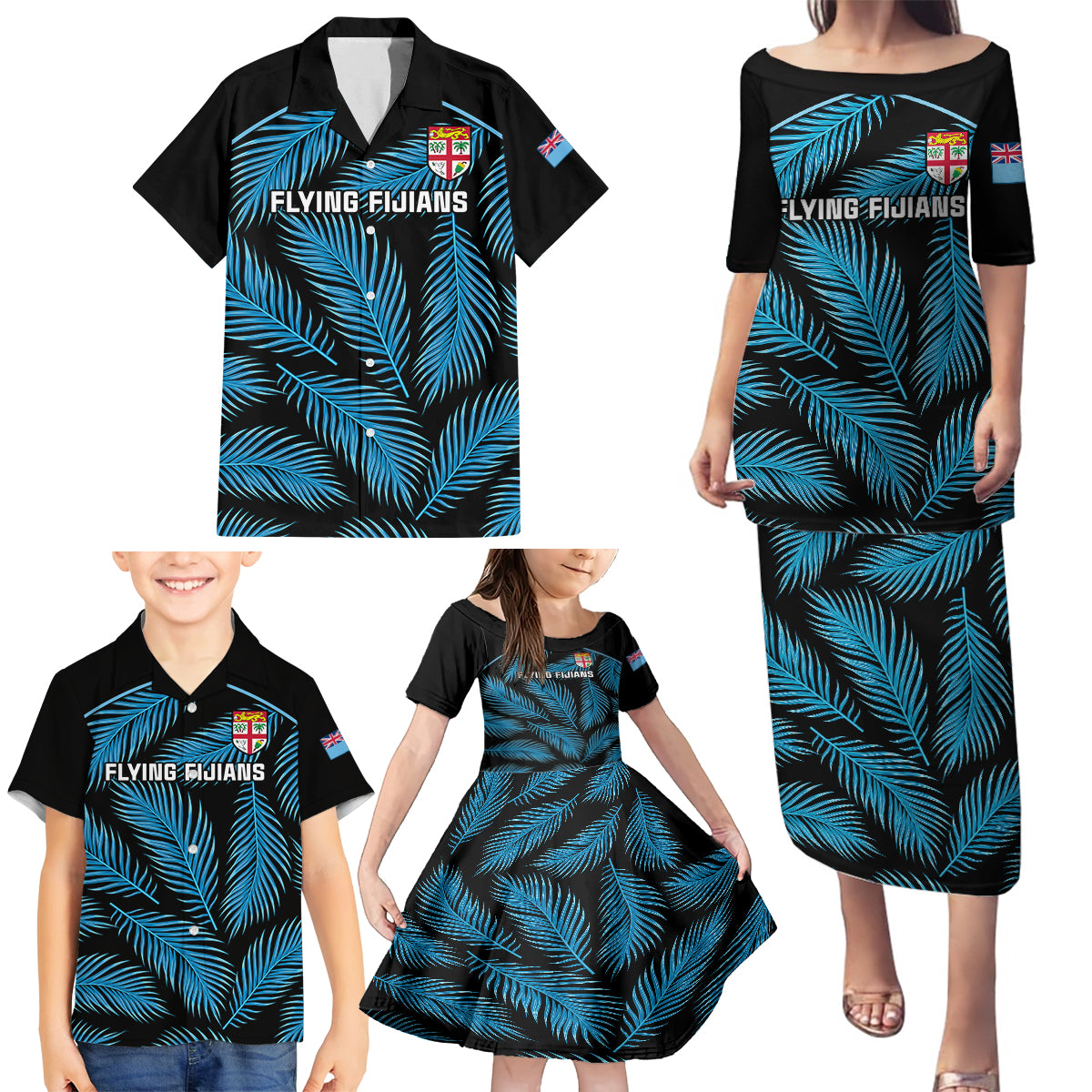 Custom Fiji Rugby Family Matching Puletasi Dress and Hawaiian Shirt Flying Fijians Blue Palm Tree Version - Wonder Print Shop