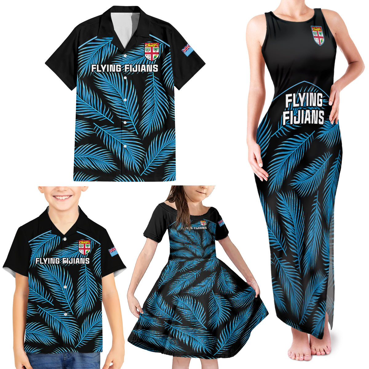 Custom Fiji Rugby Family Matching Tank Maxi Dress and Hawaiian Shirt Flying Fijians Blue Palm Tree Version - Wonder Print Shop