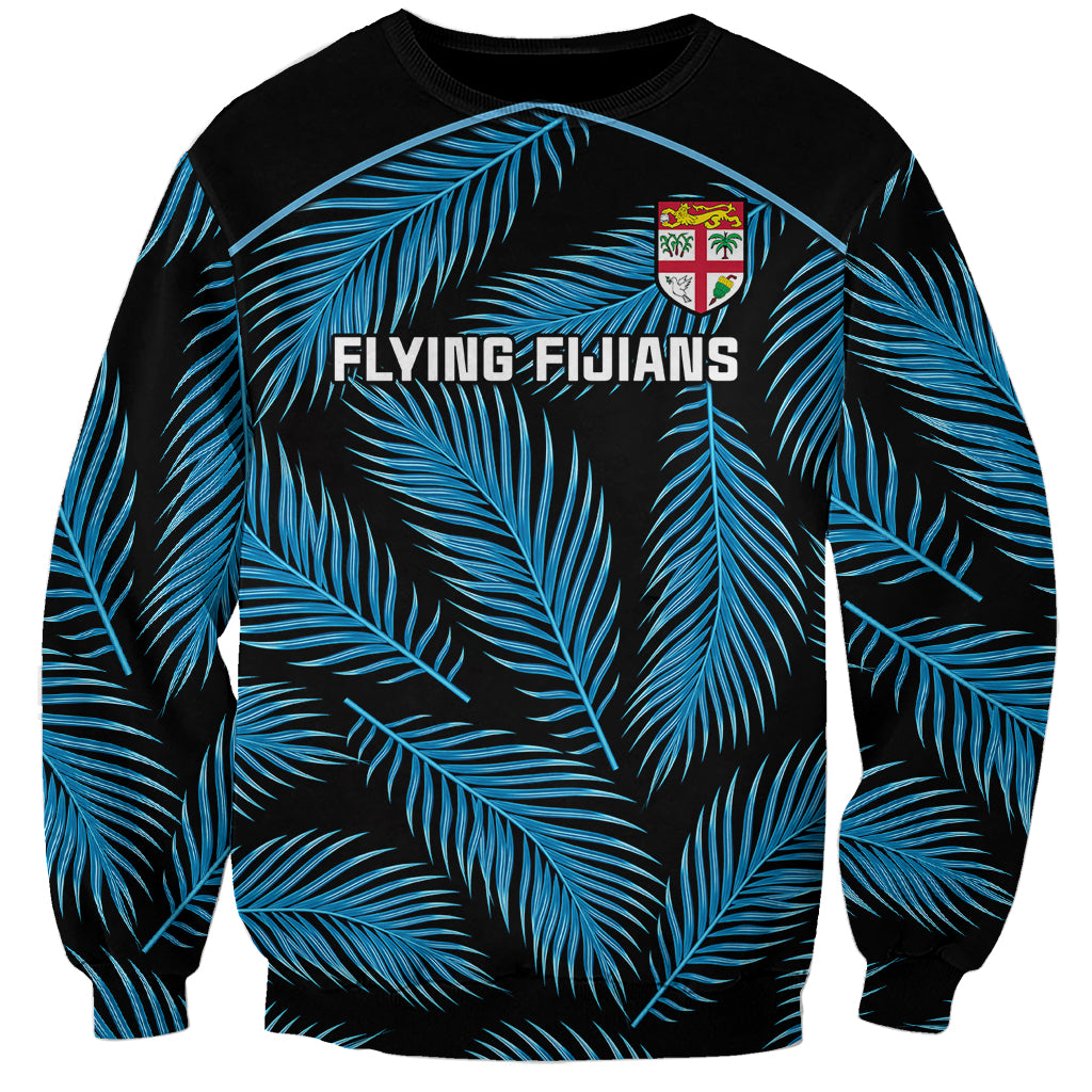 Black rugby sweatshirt with blue palm leaf print, Flying Fijians logo and crest