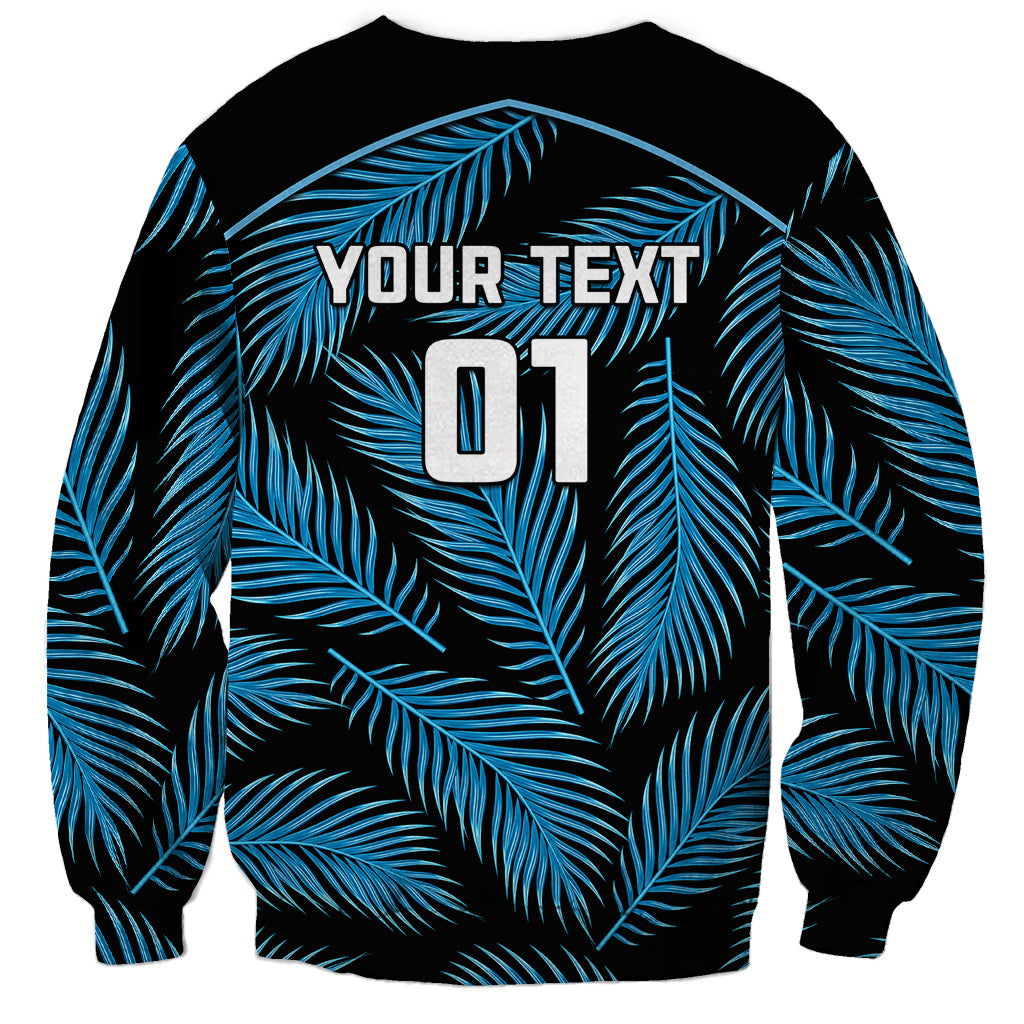 Black rugby sweatshirt with blue palm leaf print, YOUR TEXT and DT1 design
