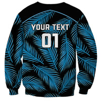 Black rugby sweatshirt with blue palm leaf print, YOUR TEXT and DT1 design