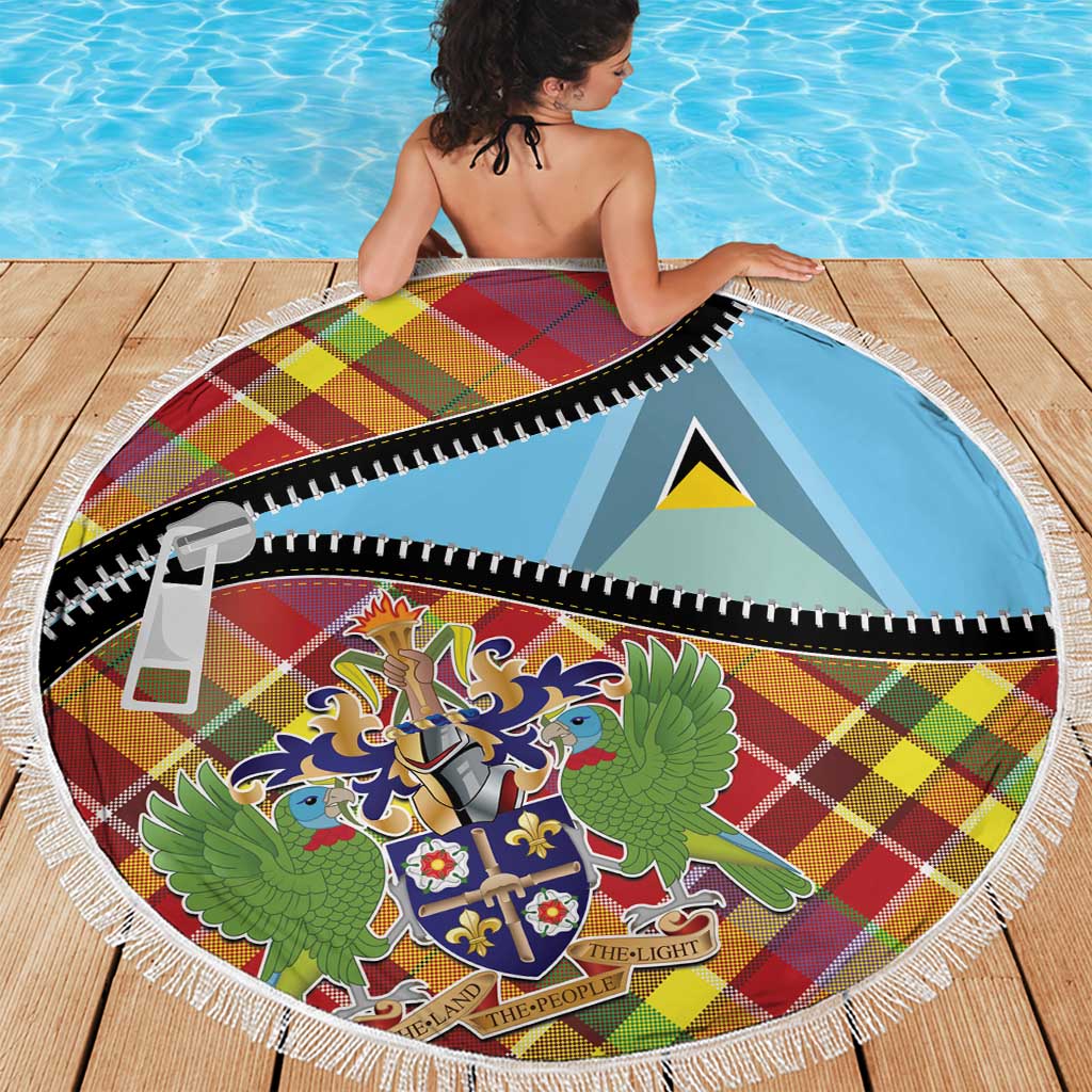 Saint Lucia Creole Day Beach Blanket Madras Pattern Zipper Stylized - Wonder Print Shop