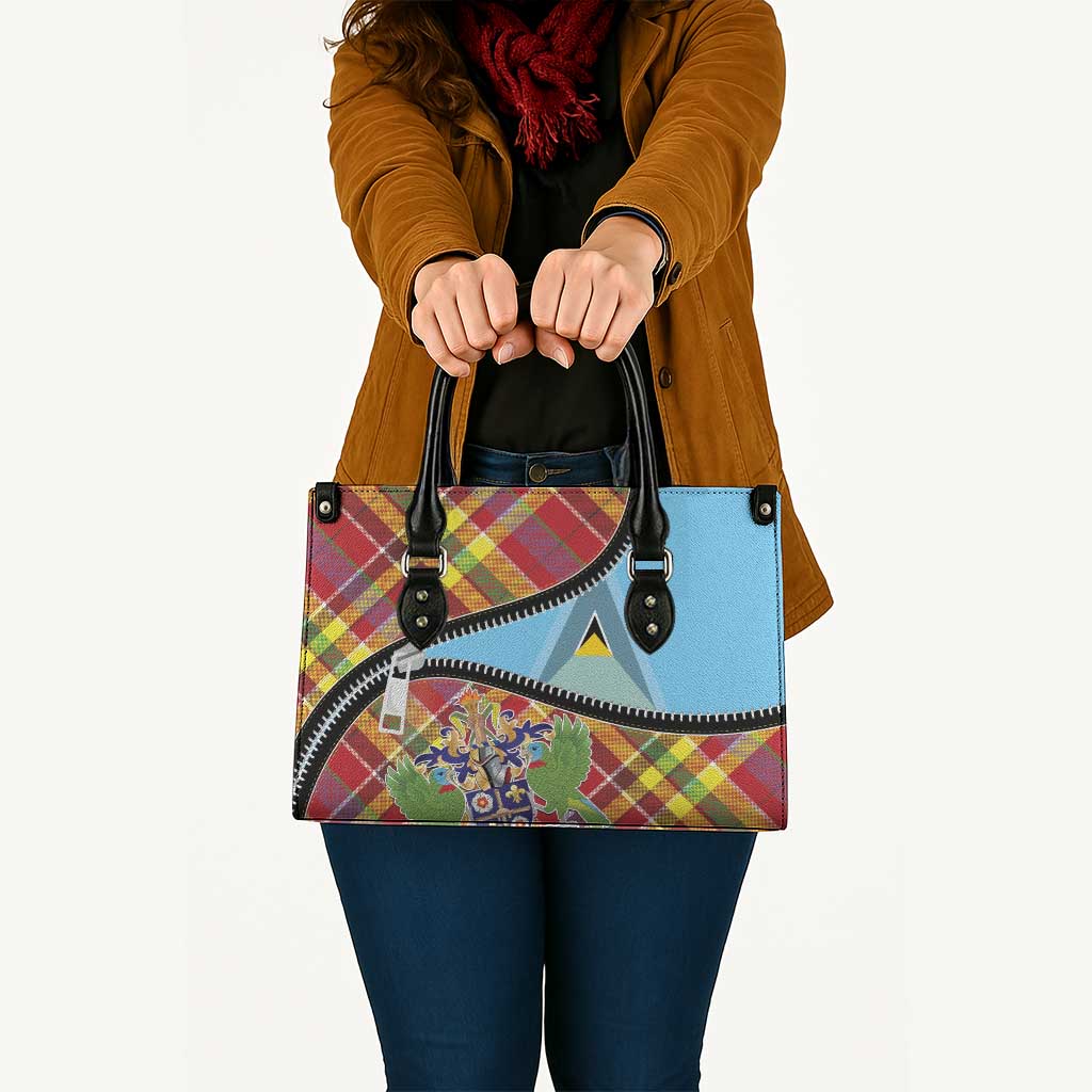 Saint Lucia Creole Day Leather Bag Madras Pattern Zipper Stylized - Wonder Print Shop