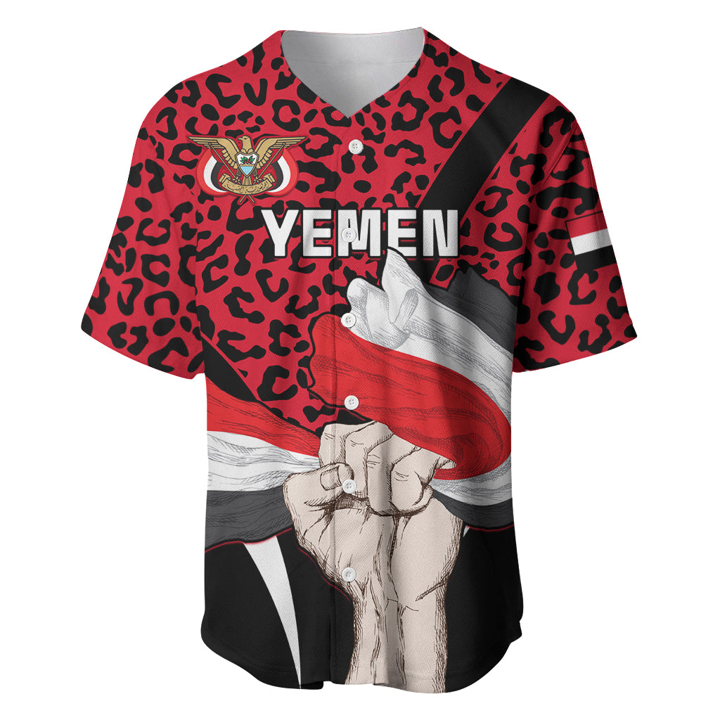 Personalised Yemen Independence Day Baseball Jersey Yemeni Coat Of Arms Leopard Pattern - Wonder Print Shop