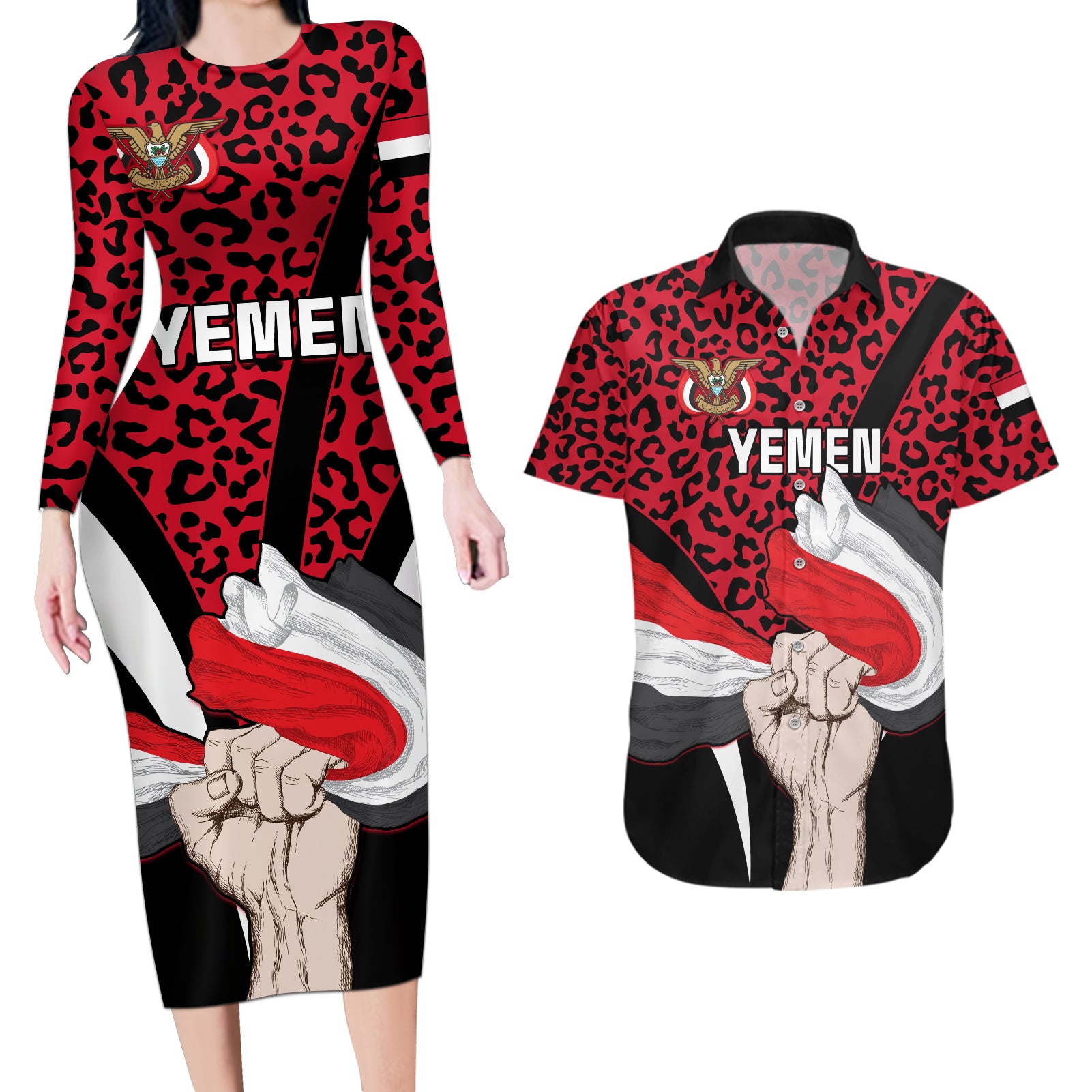 Personalised Yemen Independence Day Couples Matching Long Sleeve Bodycon Dress and Hawaiian Shirt Yemeni Coat Of Arms Leopard Pattern - Wonder Print Shop