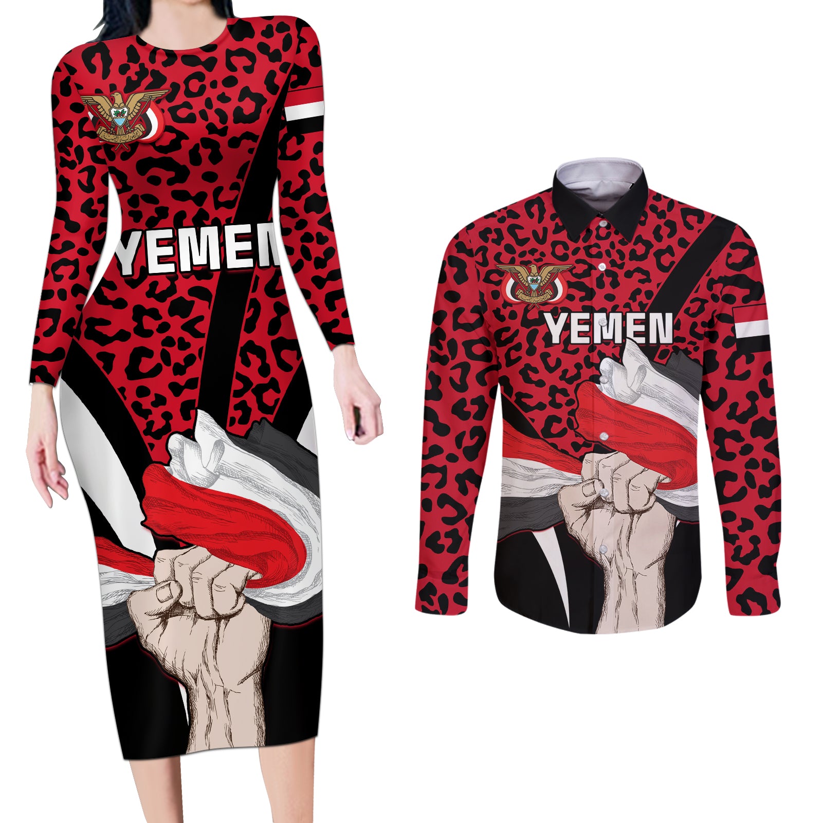 Personalised Yemen Independence Day Couples Matching Long Sleeve Bodycon Dress and Long Sleeve Button Shirt Yemeni Coat Of Arms Leopard Pattern - Wonder Print Shop