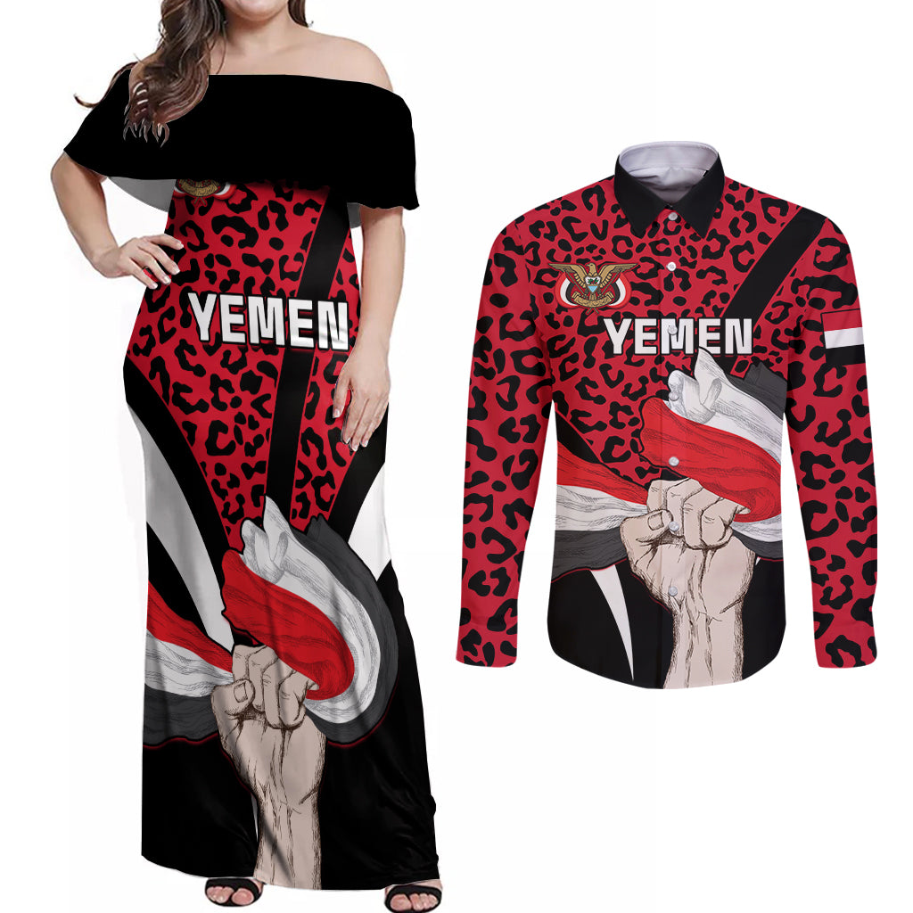 Personalised Yemen Independence Day Couples Matching Off Shoulder Maxi Dress and Long Sleeve Button Shirt Yemeni Coat Of Arms Leopard Pattern - Wonder Print Shop