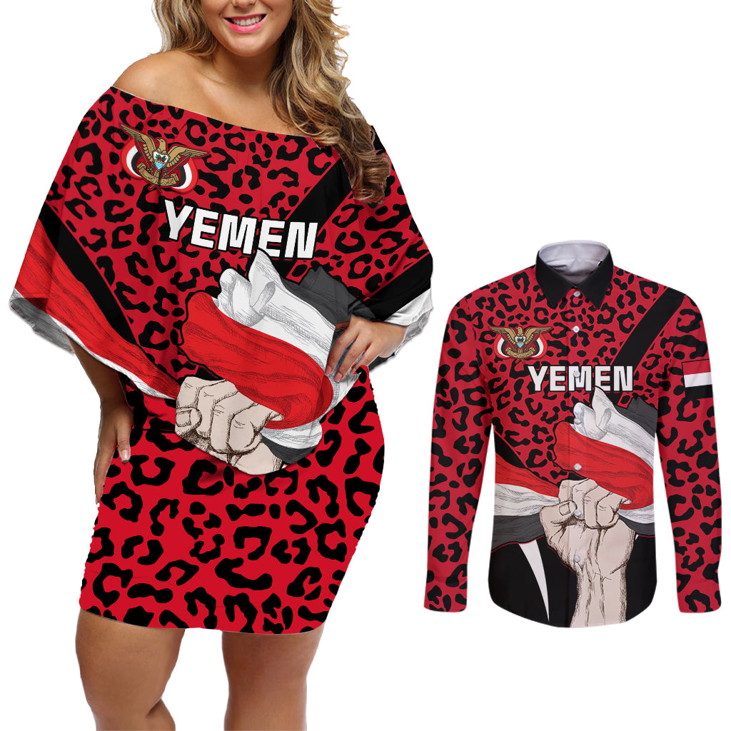 Personalised Yemen Independence Day Couples Matching Off Shoulder Short Dress and Long Sleeve Button Shirt Yemeni Coat Of Arms Leopard Pattern - Wonder Print Shop