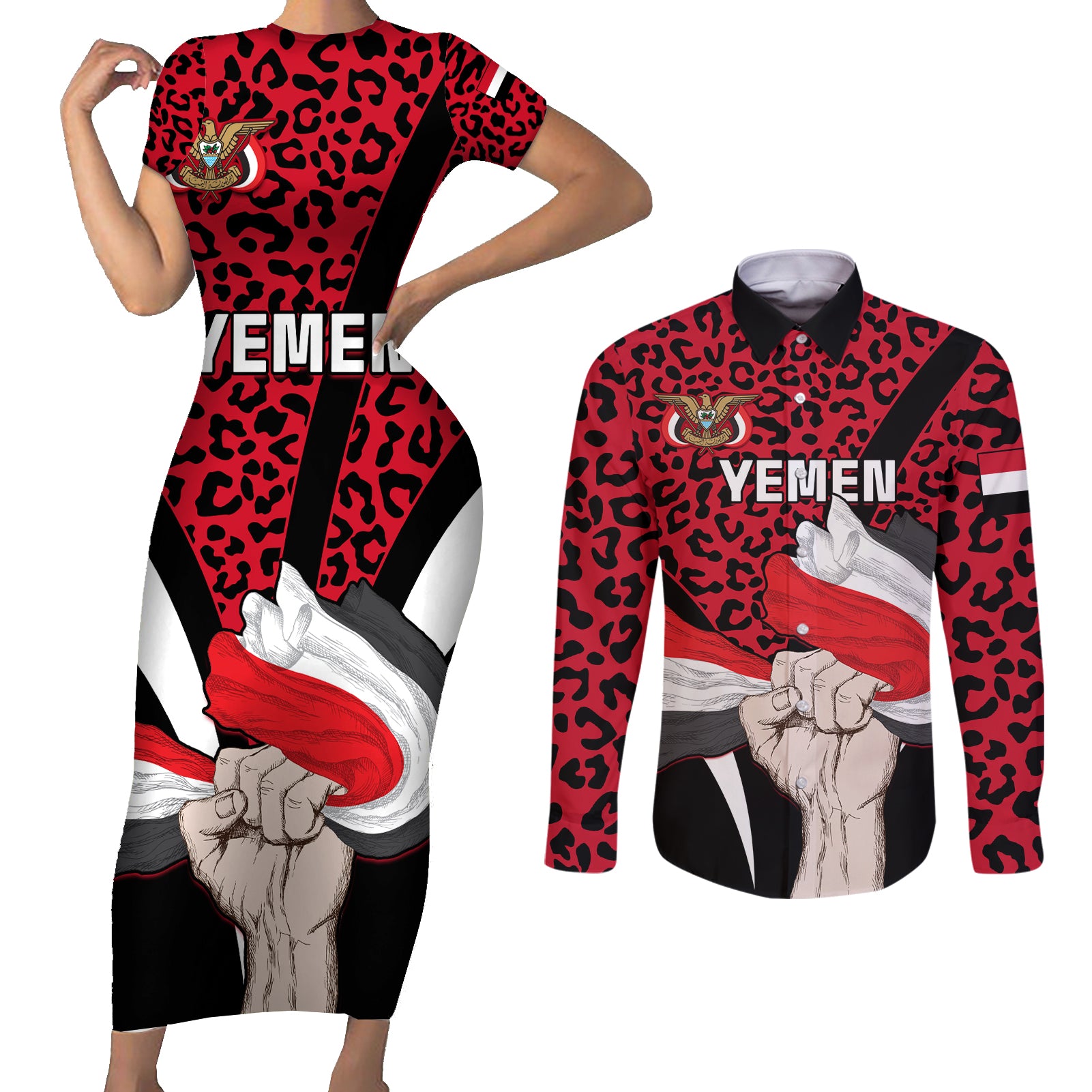 Personalised Yemen Independence Day Couples Matching Short Sleeve Bodycon Dress and Long Sleeve Button Shirt Yemeni Coat Of Arms Leopard Pattern - Wonder Print Shop