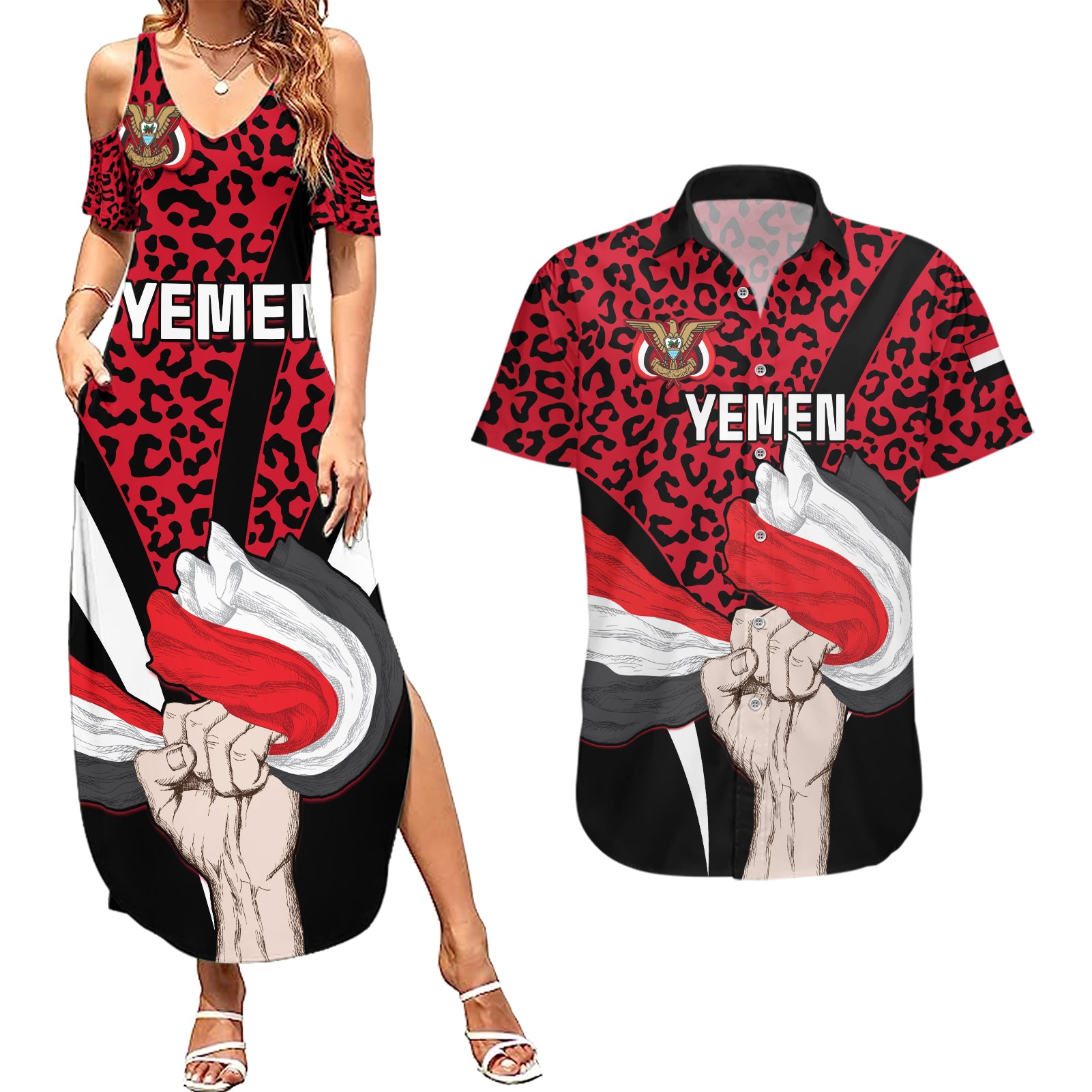 Personalised Yemen Independence Day Couples Matching Summer Maxi Dress and Hawaiian Shirt Yemeni Coat Of Arms Leopard Pattern - Wonder Print Shop