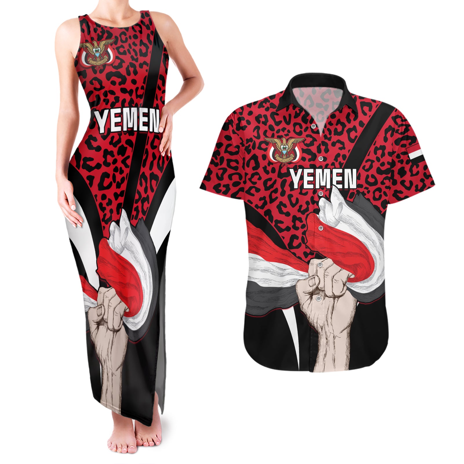 Personalised Yemen Independence Day Couples Matching Tank Maxi Dress and Hawaiian Shirt Yemeni Coat Of Arms Leopard Pattern - Wonder Print Shop