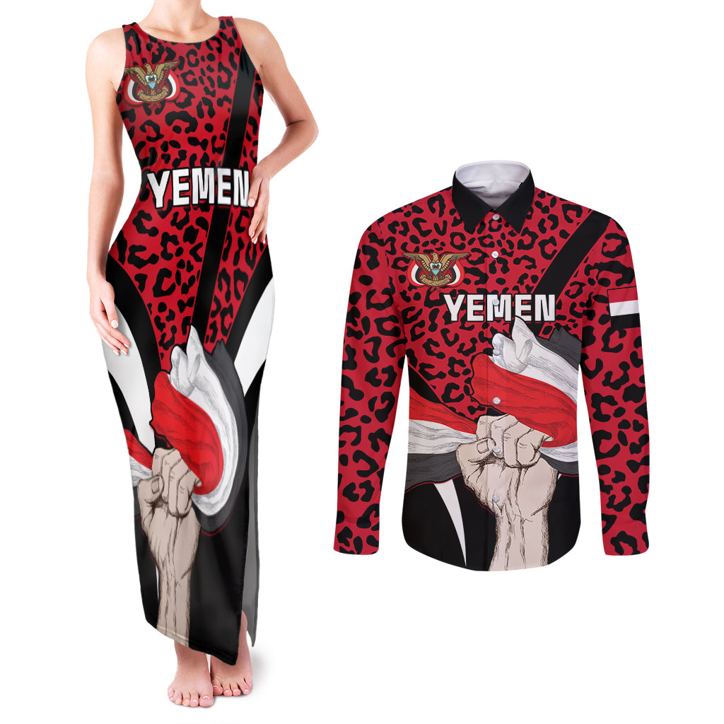 Personalised Yemen Independence Day Couples Matching Tank Maxi Dress and Long Sleeve Button Shirt Yemeni Coat Of Arms Leopard Pattern - Wonder Print Shop