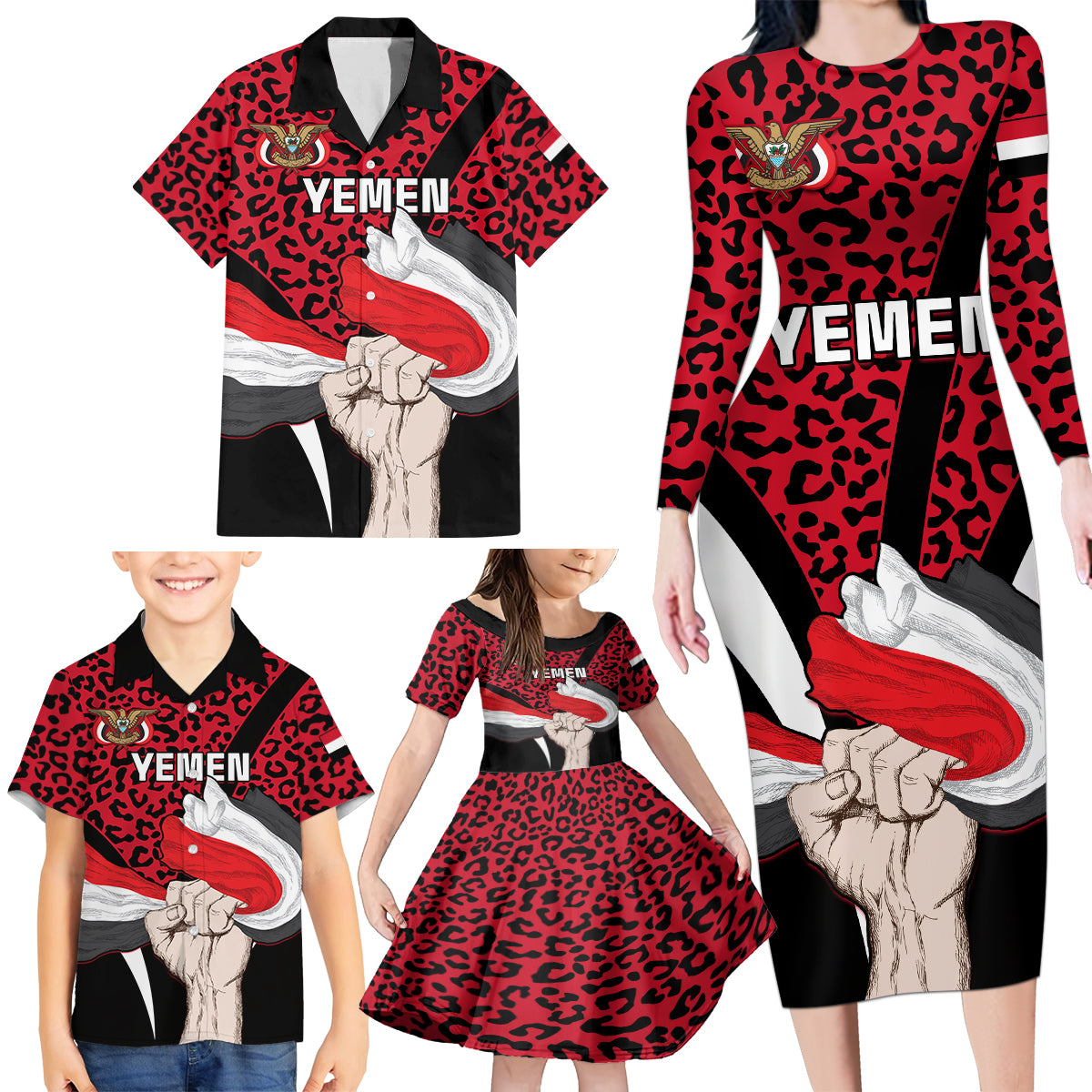 Personalised Yemen Independence Day Family Matching Long Sleeve Bodycon Dress and Hawaiian Shirt Yemeni Coat Of Arms Leopard Pattern - Wonder Print Shop