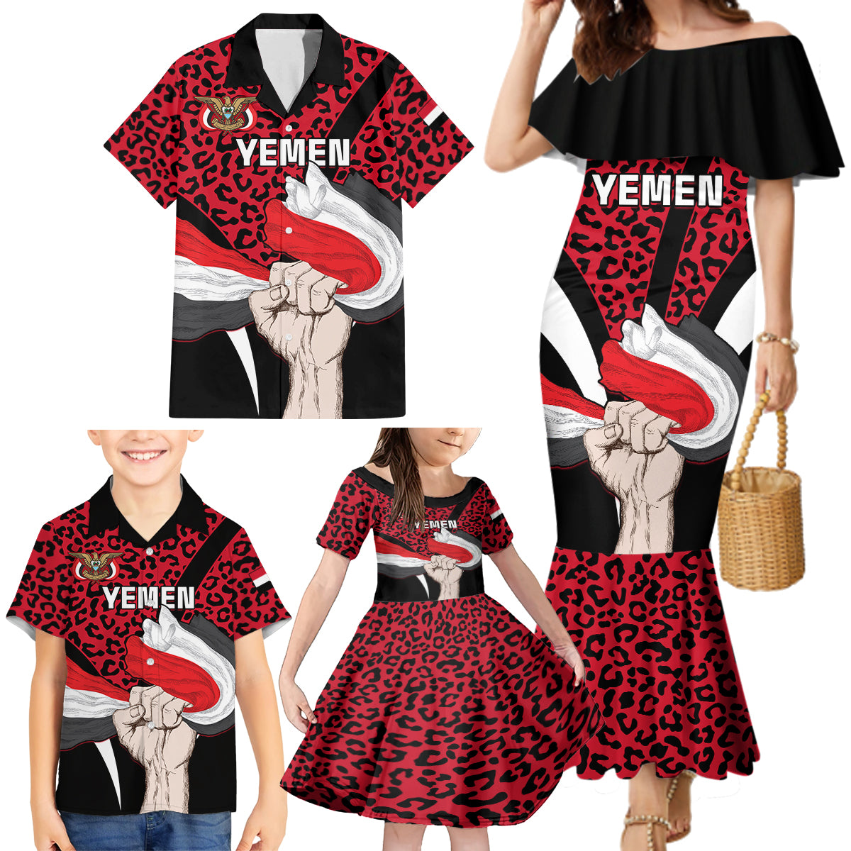 Personalised Yemen Independence Day Family Matching Mermaid Dress and Hawaiian Shirt Yemeni Coat Of Arms Leopard Pattern - Wonder Print Shop