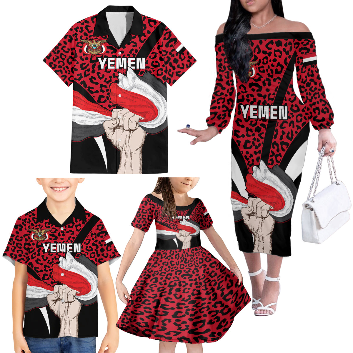 Personalised Yemen Independence Day Family Matching Off Shoulder Long Sleeve Dress and Hawaiian Shirt Yemeni Coat Of Arms Leopard Pattern - Wonder Print Shop