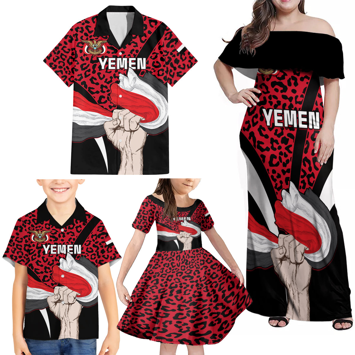 Personalised Yemen Independence Day Family Matching Off Shoulder Maxi Dress and Hawaiian Shirt Yemeni Coat Of Arms Leopard Pattern - Wonder Print Shop