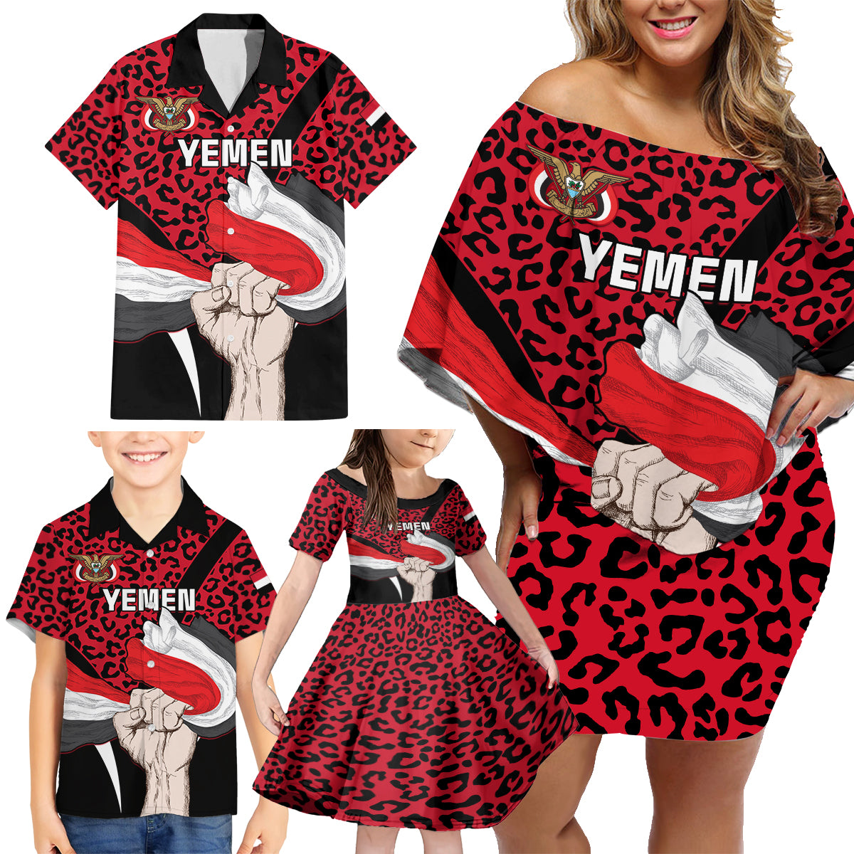 Personalised Yemen Independence Day Family Matching Off Shoulder Short Dress and Hawaiian Shirt Yemeni Coat Of Arms Leopard Pattern - Wonder Print Shop