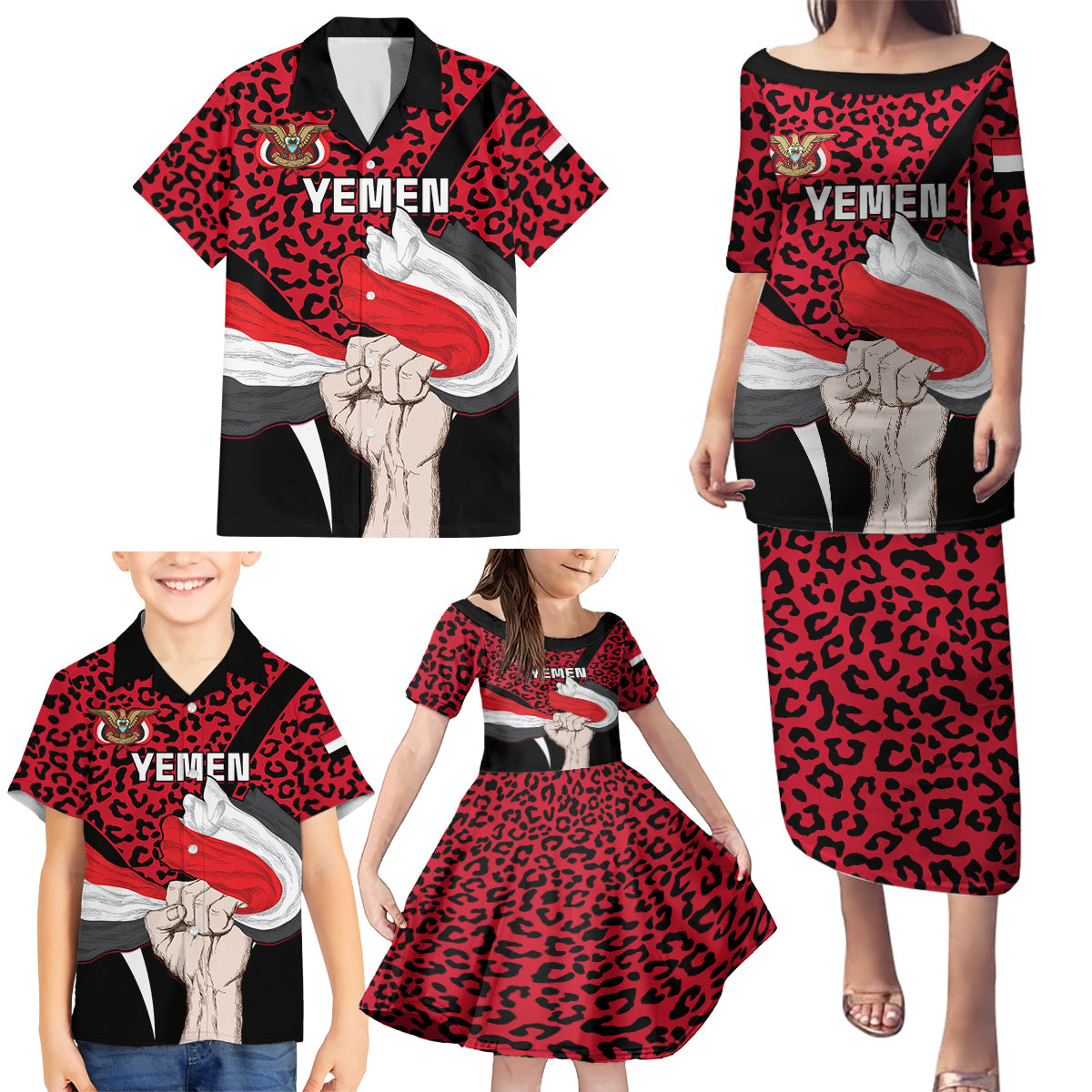 Personalised Yemen Independence Day Family Matching Puletasi Dress and Hawaiian Shirt Yemeni Coat Of Arms Leopard Pattern - Wonder Print Shop