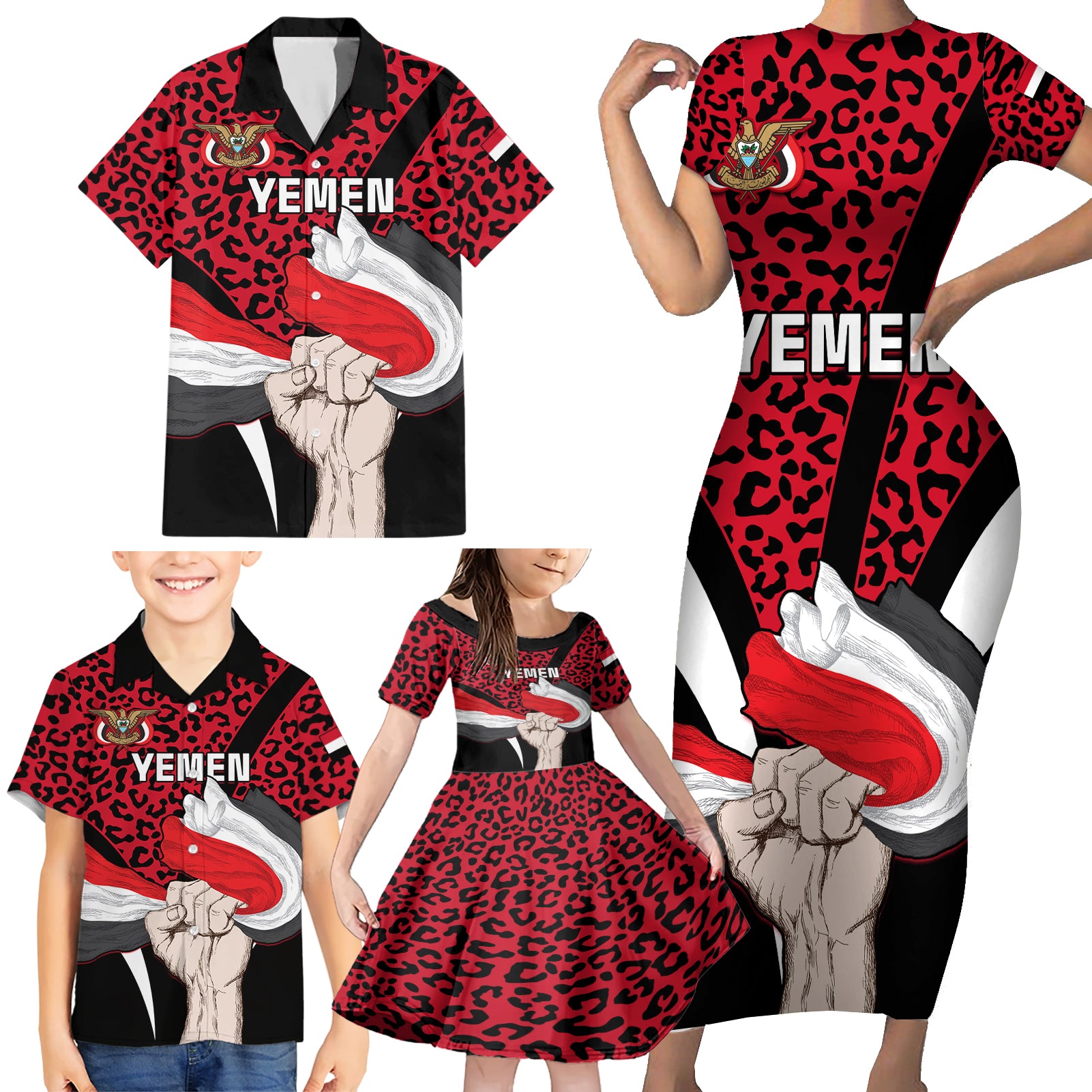 Personalised Yemen Independence Day Family Matching Short Sleeve Bodycon Dress and Hawaiian Shirt Yemeni Coat Of Arms Leopard Pattern - Wonder Print Shop