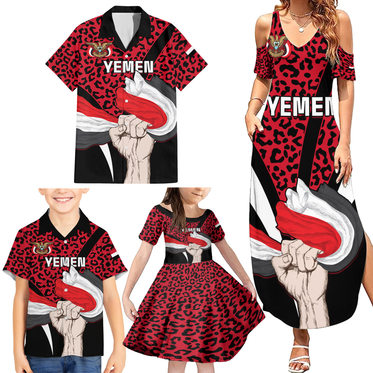 Personalised Yemen Independence Day Family Matching Summer Maxi Dress and Hawaiian Shirt Yemeni Coat Of Arms Leopard Pattern - Wonder Print Shop