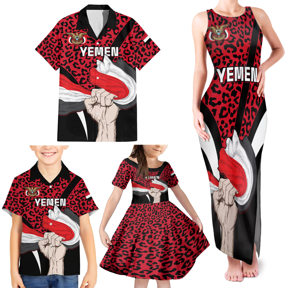 Personalised Yemen Independence Day Family Matching Tank Maxi Dress and Hawaiian Shirt Yemeni Coat Of Arms Leopard Pattern - Wonder Print Shop