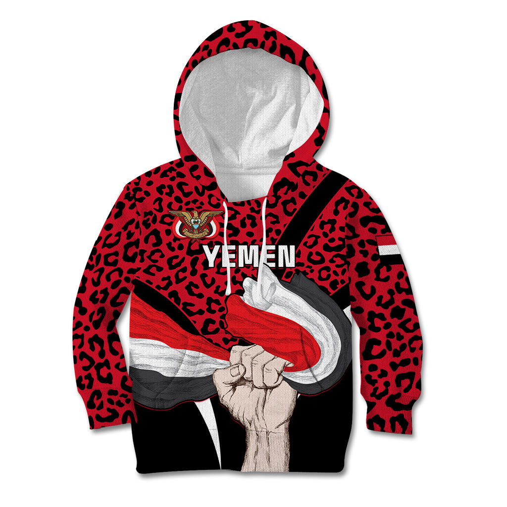 Personalised Yemen Independence Day Kid Hoodie Yemeni Coat Of Arms Leopard Pattern - Wonder Print Shop