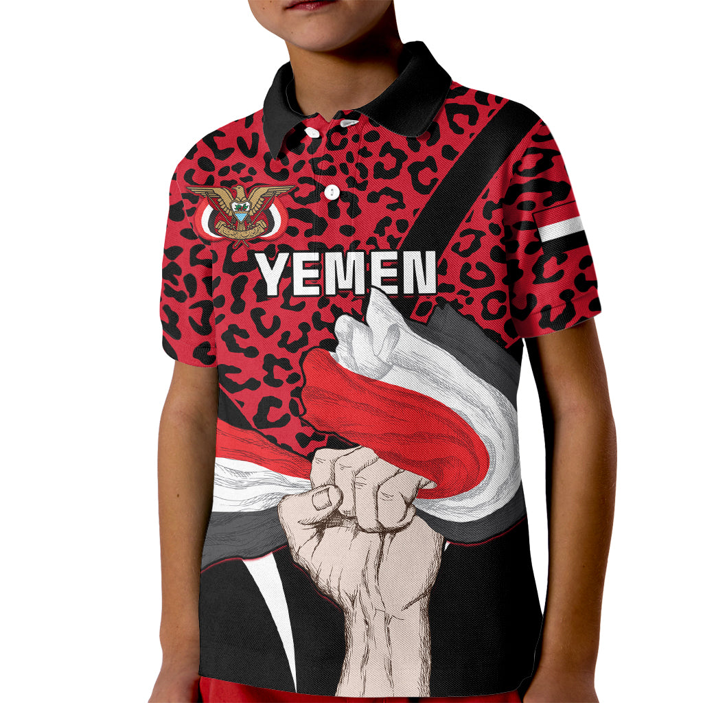 Personalised Yemen Independence Day Kid Polo Shirt Yemeni Coat Of Arms Leopard Pattern - Wonder Print Shop