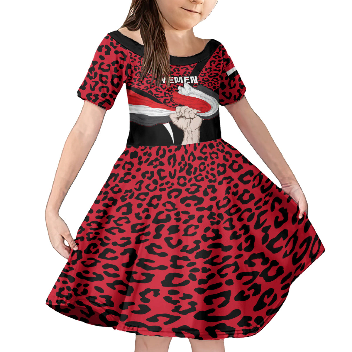 Personalised Yemen Independence Day Kid Short Sleeve Dress Yemeni Coat Of Arms Leopard Pattern - Wonder Print Shop