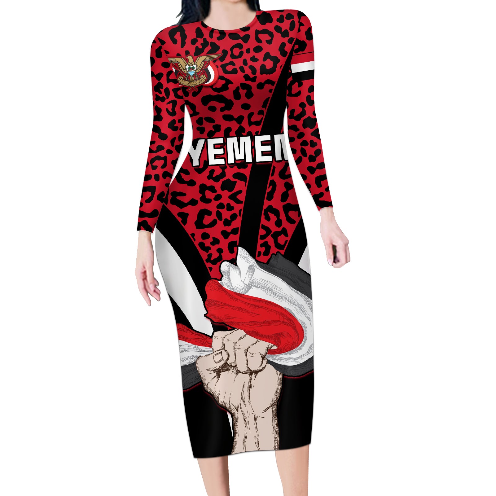 Personalised Yemen Independence Day Long Sleeve Bodycon Dress Yemeni Coat Of Arms Leopard Pattern - Wonder Print Shop