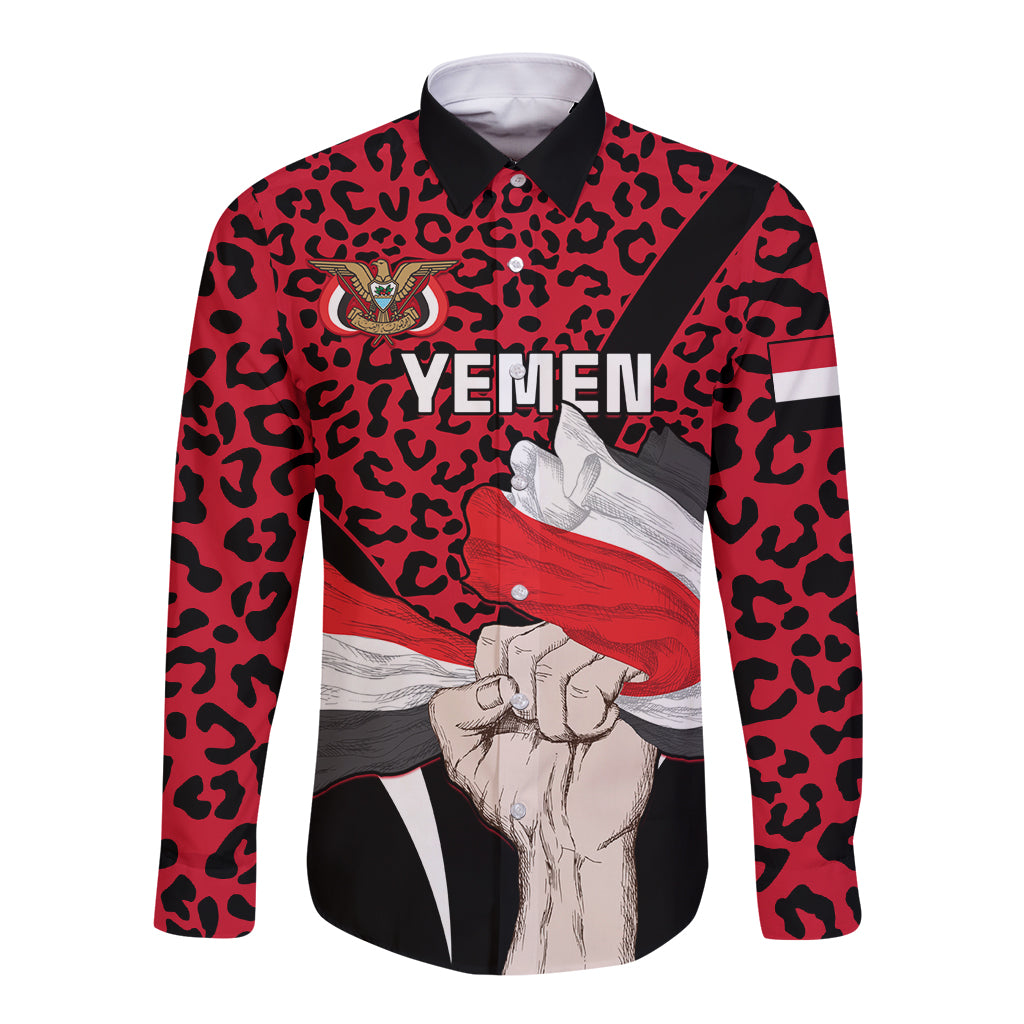 Red long-sleeve button shirt, black leopard print; front coat-of-arms and flag graphic