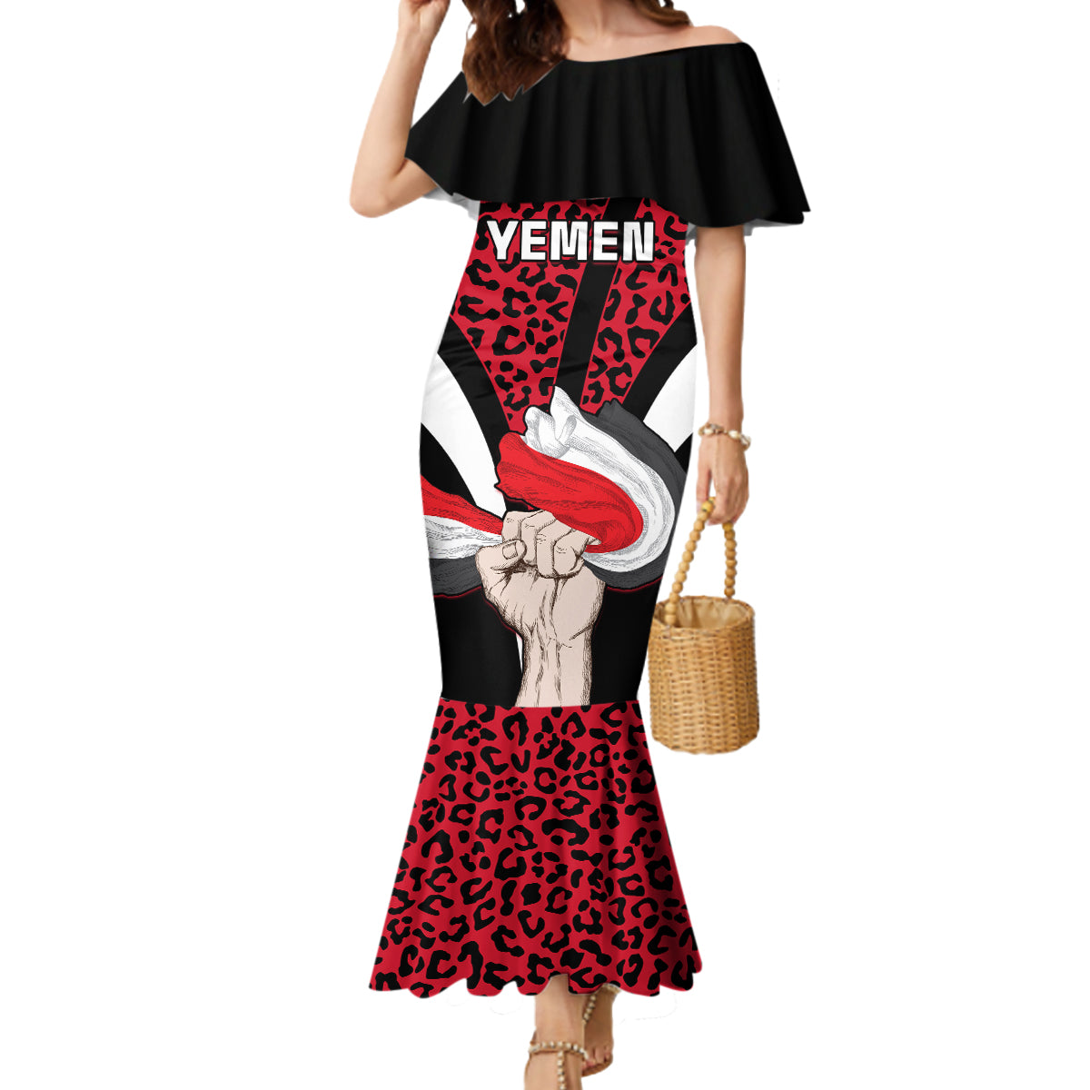 Personalised Yemen Independence Day Mermaid Dress Yemeni Coat Of Arms Leopard Pattern - Wonder Print Shop