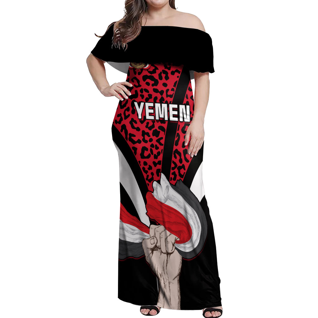 Personalised Yemen Independence Day Off Shoulder Maxi Dress Yemeni Coat Of Arms Leopard Pattern - Wonder Print Shop