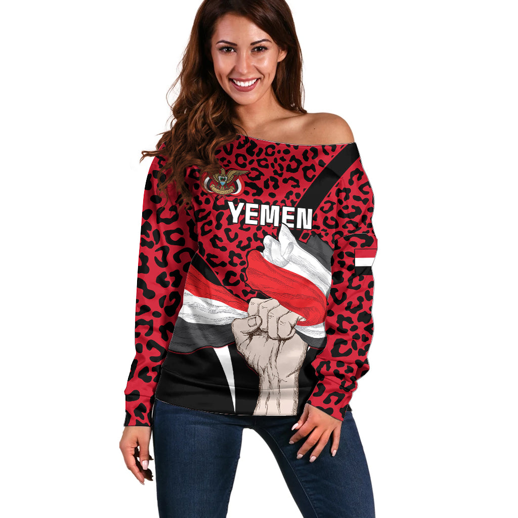 Personalised Yemen Independence Day Off Shoulder Sweater Yemeni Coat Of Arms Leopard Pattern - Wonder Print Shop