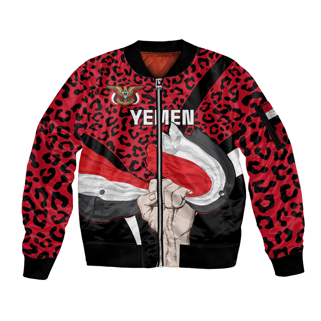 Personalised Yemen Independence Day Sleeve Zip Bomber Jacket Yemeni Coat Of Arms Leopard Pattern - Wonder Print Shop