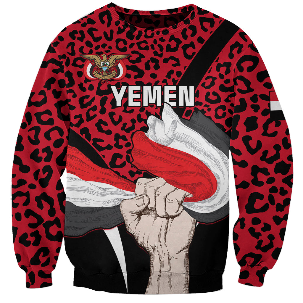 Red leopard print sweatshirt with Yemen coat of arms and graphic fist