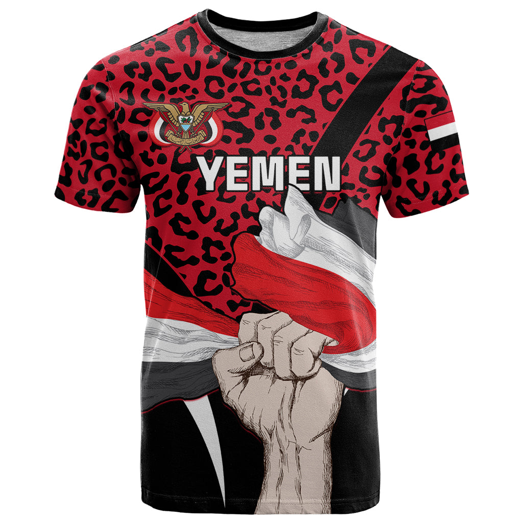 Personalised Yemen Independence Day T Shirt Yemeni Coat Of Arms Leopard Pattern - Wonder Print Shop