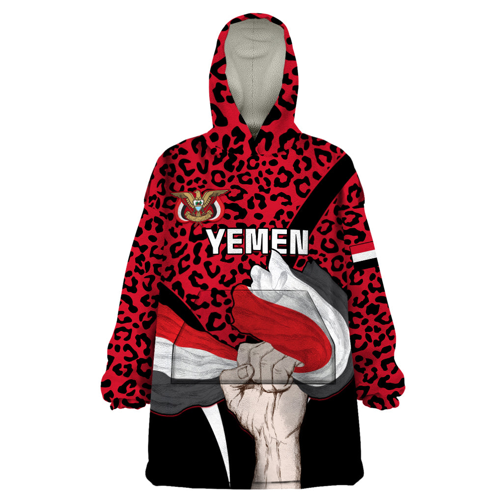 Personalised Yemen Independence Day Wearable Blanket Hoodie Yemeni Coat Of Arms Leopard Pattern - Wonder Print Shop