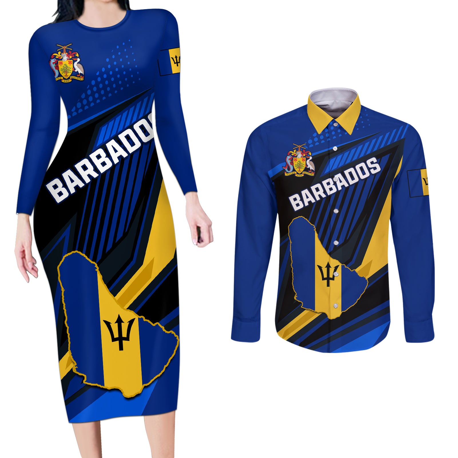 Personalised Barbados Independence Day Couples Matching Long Sleeve Bodycon Dress and Long Sleeve Button Shirt Barbadian Coat Of Arms Special Version - Wonder Print Shop