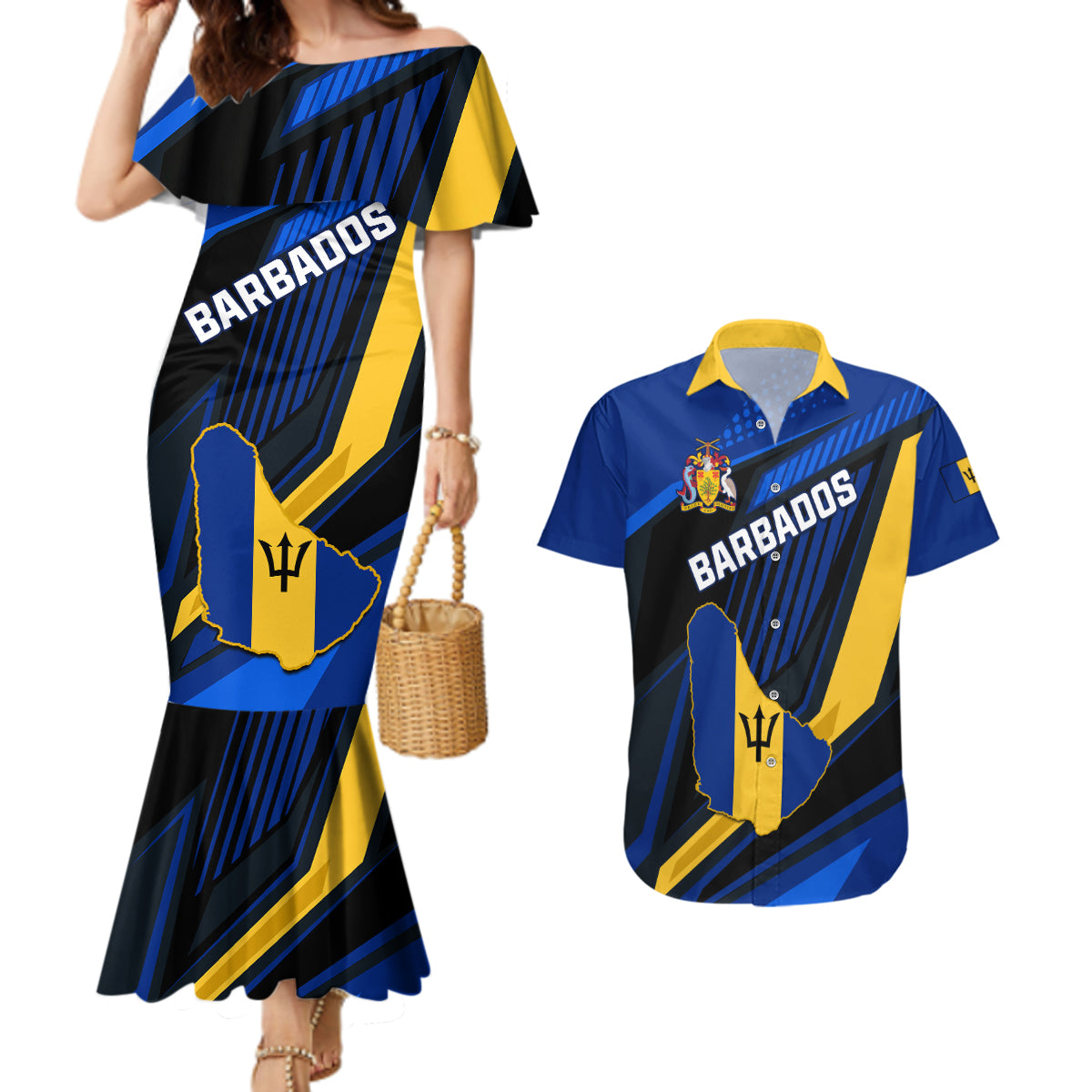 Personalised Barbados Independence Day Couples Matching Mermaid Dress and Hawaiian Shirt Barbadian Coat Of Arms Special Version - Wonder Print Shop