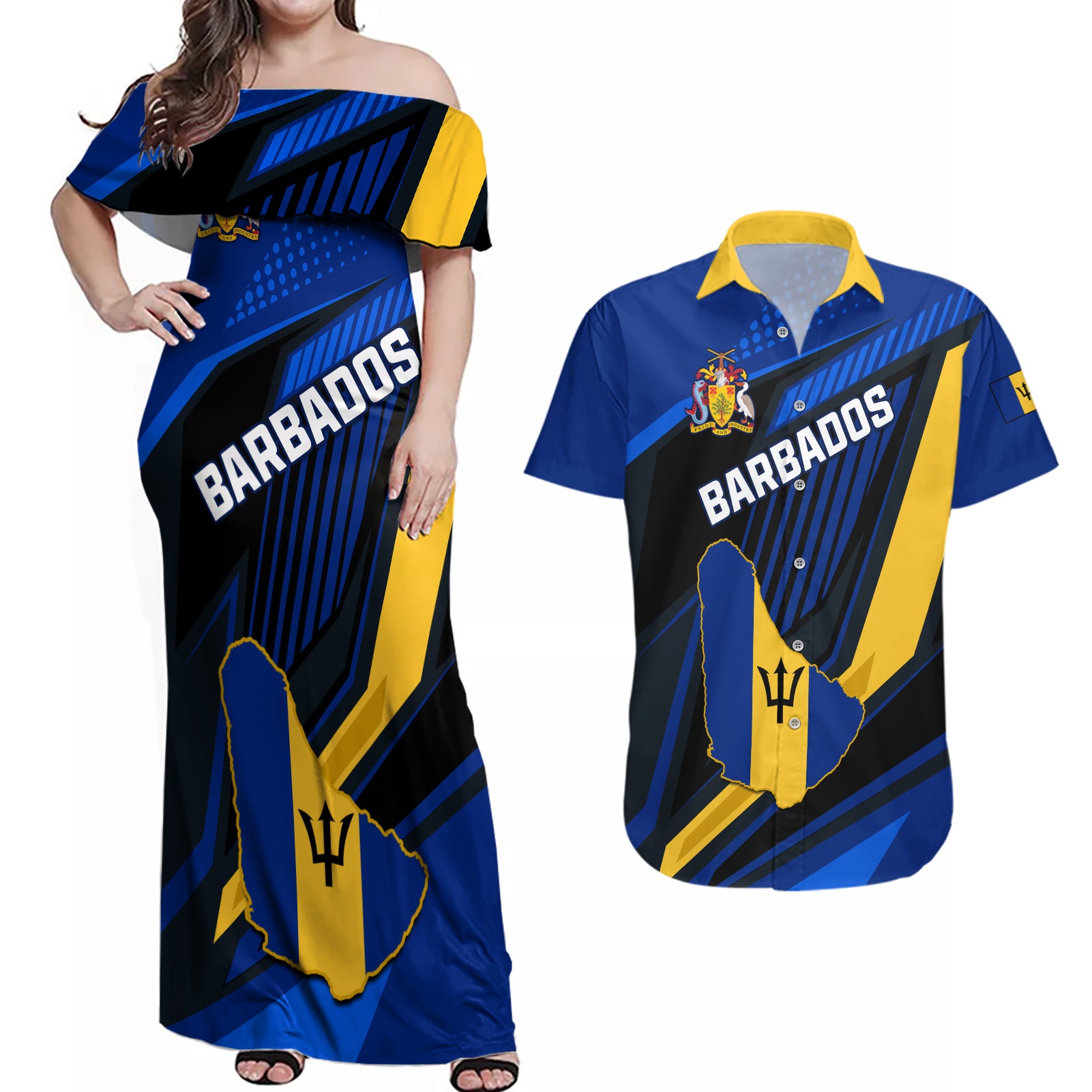 Personalised Barbados Independence Day Couples Matching Off Shoulder Maxi Dress and Hawaiian Shirt Barbadian Coat Of Arms Special Version - Wonder Print Shop