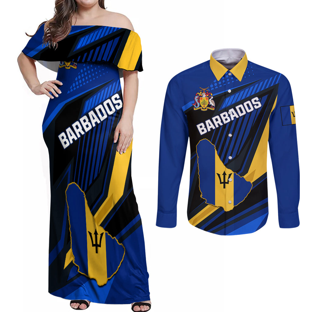 Personalised Barbados Independence Day Couples Matching Off Shoulder Maxi Dress and Long Sleeve Button Shirt Barbadian Coat Of Arms Special Version - Wonder Print Shop