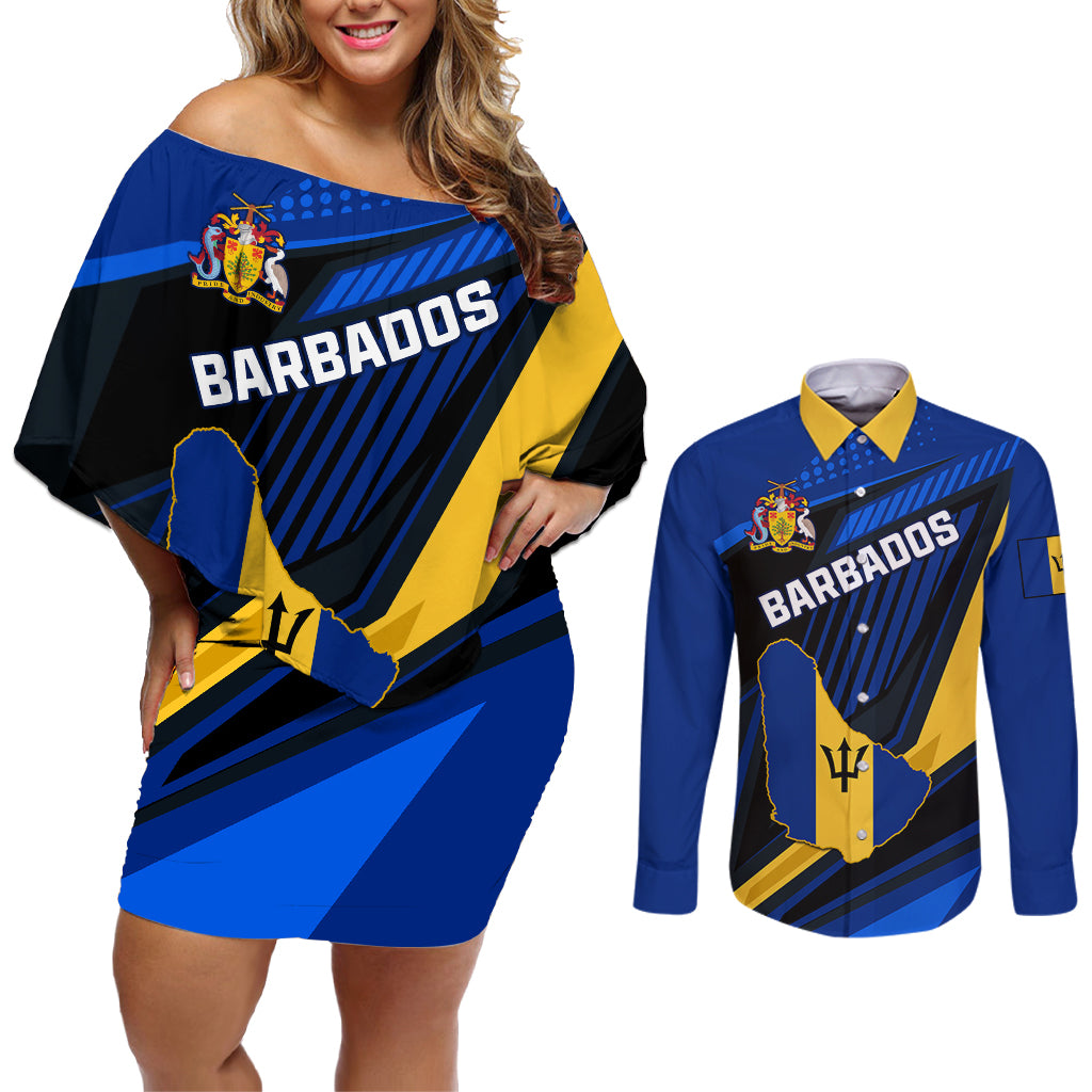 Personalised Barbados Independence Day Couples Matching Off Shoulder Short Dress and Long Sleeve Button Shirt Barbadian Coat Of Arms Special Version - Wonder Print Shop