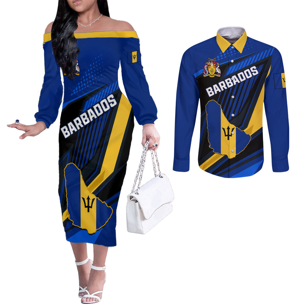 personalised-barbados-independence-day-couples-matching-off-the-shoulder-long-sleeve-dress-and-long-sleeve-button-shirt-barbadian-coat-of-arms-special-version