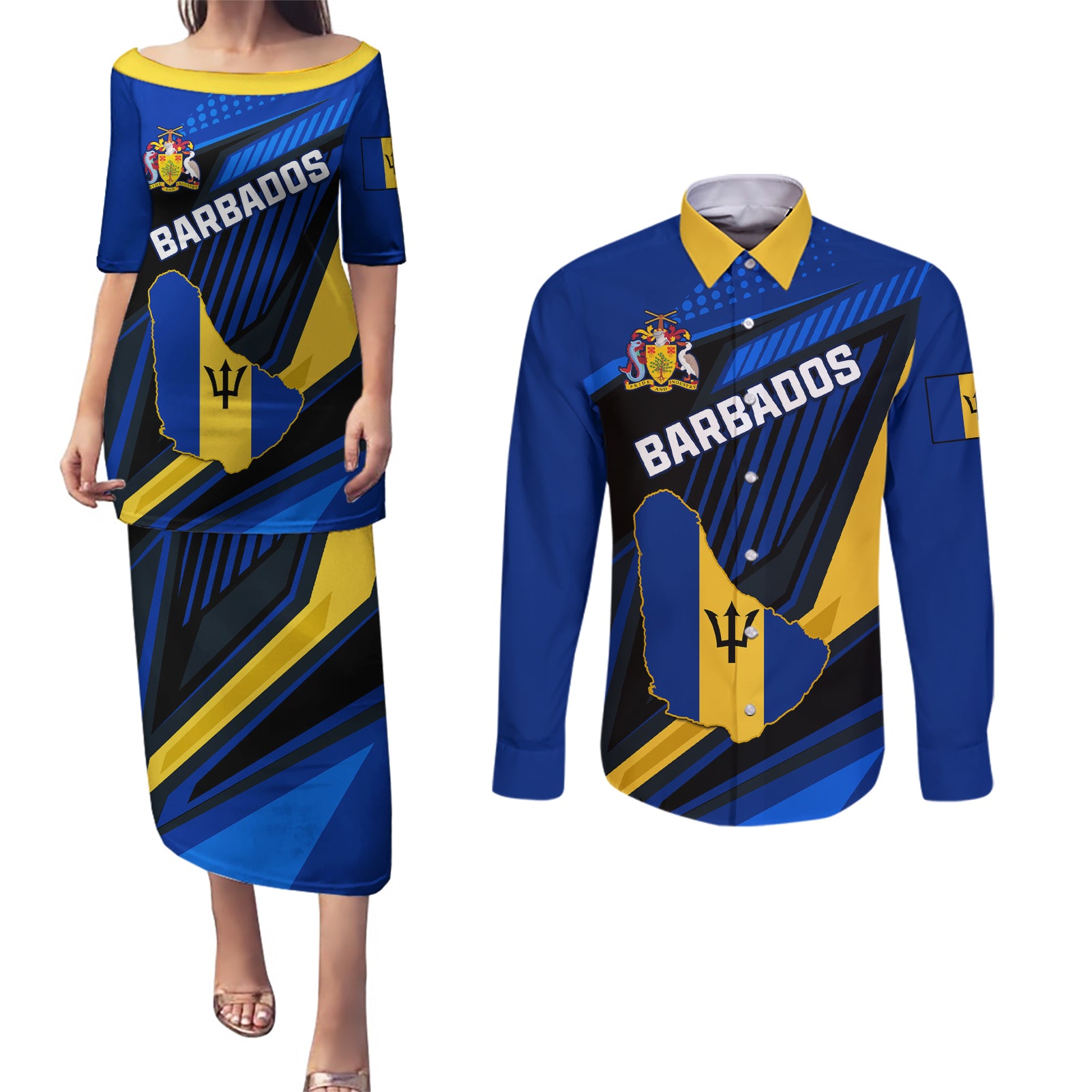 Personalised Barbados Independence Day Couples Matching Puletasi Dress and Long Sleeve Button Shirt Barbadian Coat Of Arms Special Version - Wonder Print Shop